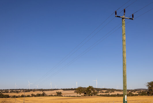 Wind turbines across farmland with power lines