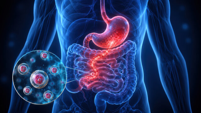 Cyclosporiasis infection in human intestines showing Cyclospora parasites, abdominal pain and digestive inflammation during outbreak