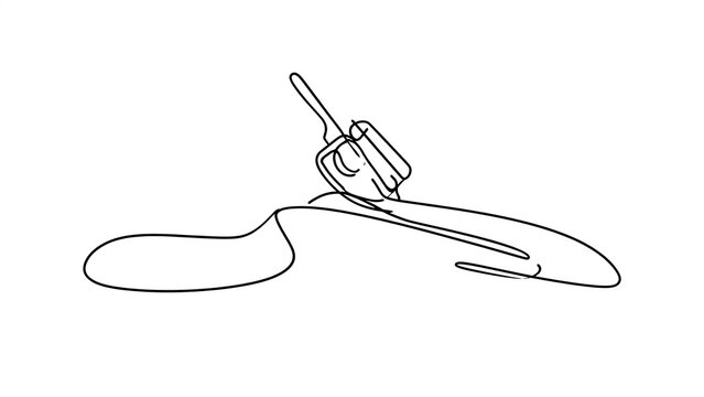 Minimalist line art of scissors cutting paper white background.