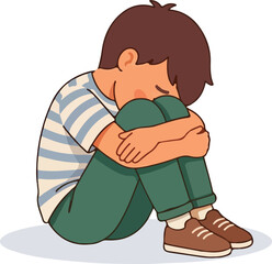 Sad boy sitting alone vector illustration with white background