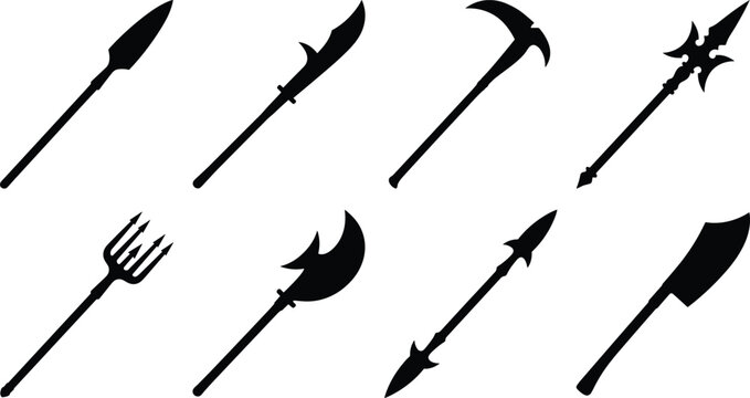 Set of medieval polearm weapon silhouettes including spears, halberds, and tridents isolated on white background