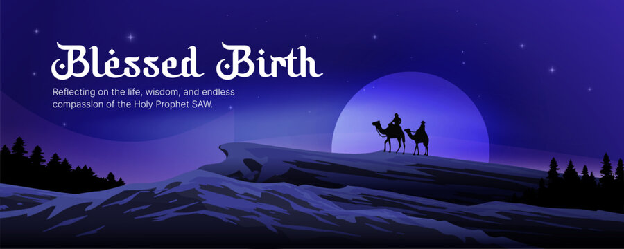 Mawlid Al Nabi modern minimalist landscape graphic poster layout for Prophet Muhammad birthday celebration