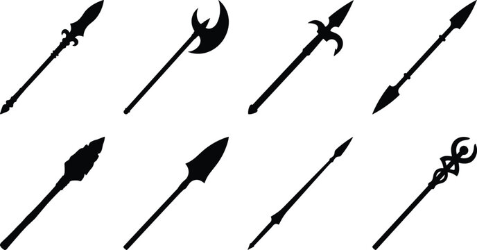 Set of medieval weapon silhouettes including spears, halberds, polearms, and magic staffs for fantasy game design