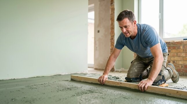 Man smoothing wet concrete screed with wooden board. Male builder leveling floor in room under renovation