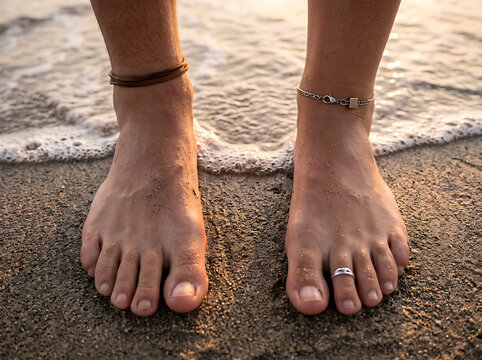 Close up of bare feet standing on the wet sand at the beach during sunset.