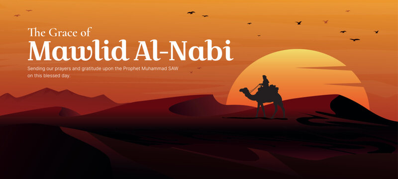 Mawlid Al Nabi modern minimalist landscape graphic poster layout for Prophet Muhammad birthday celebration