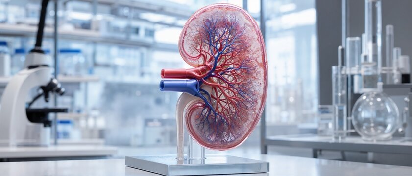 Transparent anatomical model of a human kidney showing blood vessels. Detailed organ structure displayed in a modern medical laboratory