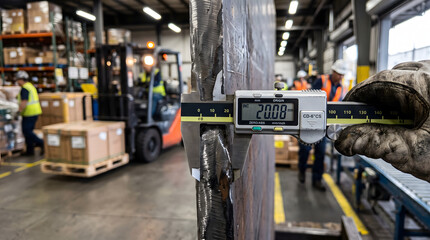 Fototapeta premium Digital caliper measuring thickness of material with precision in a busy warehouse environment.
