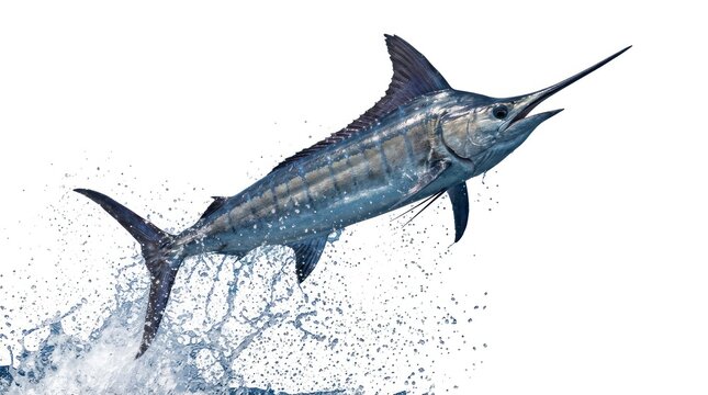 A swordfish leaps through the water, its sleek body slicing through splashing waves.