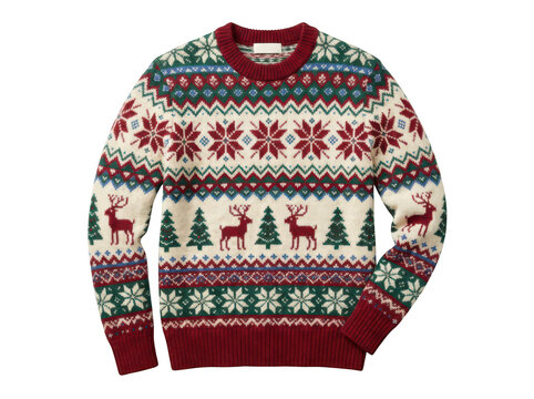 Christmas sweater with reindeer and tree pattern isolated on transparent background