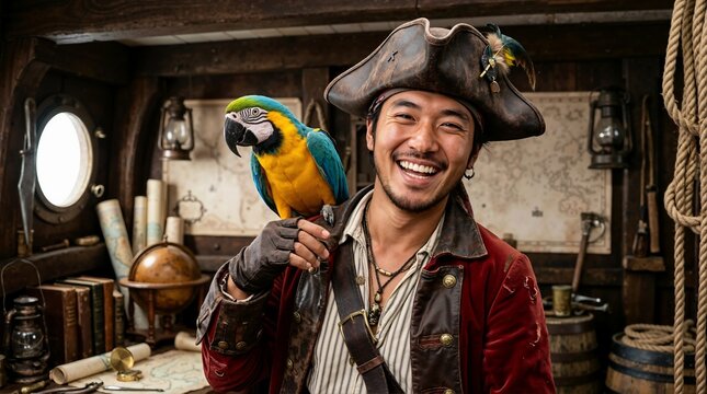 Smiling pirate captain with a colorful macaw parrot on his shoulder. Happy sailor in a tricorn hat inside a ship cabin