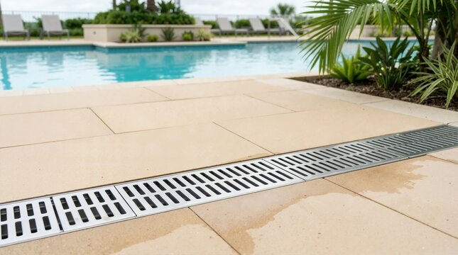 Silver metal drainage grate on a beige stone pool deck. Linear drain system next to a swimming pool with tropical landscaping