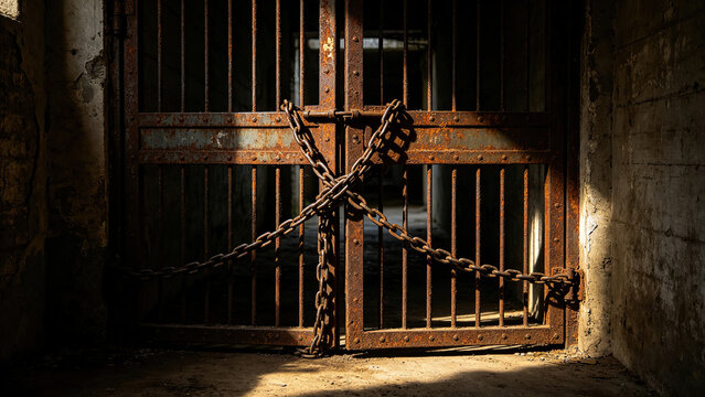 Rusted iron gate slammed shut with a chain, blocking passage.

