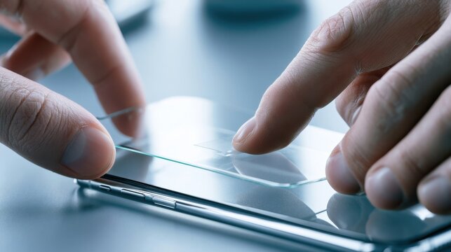 Close-up shot of a person carefully placing a screen protector on a smartphone