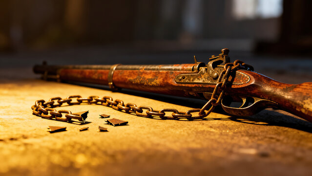 Broken chains beside an old musket, symbolic composition representing freedom.
