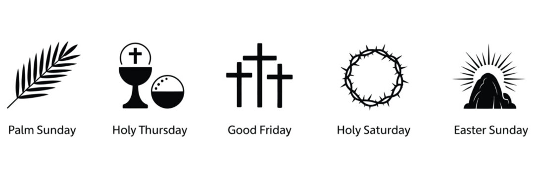 Holy Week Symbols Featuring Palm Sunday, Holy Thursday, Good Friday, Holy Saturday, and Easter Sunday Icons for Christian Religious Design