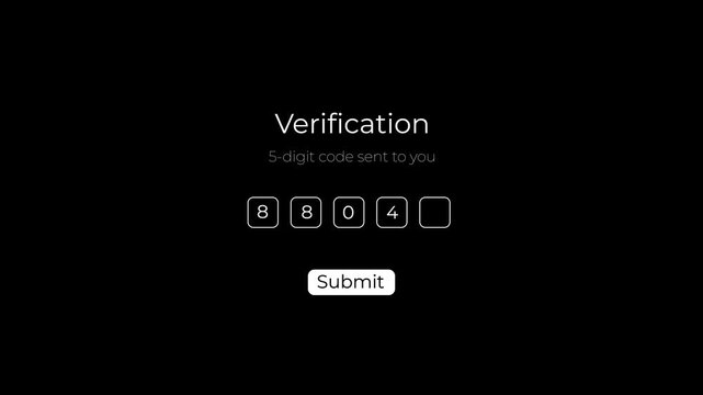 minimal otp authentication interface animation with code input and glowing submit button.