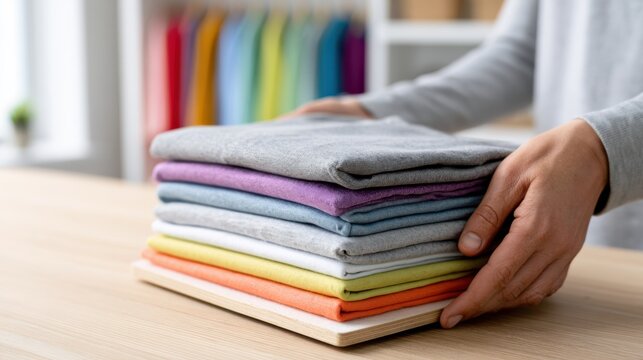 Hands folding a neat stack of colorful t-shirts, organized by hue in a tidy display. The scene suggests organization and a sense of calm