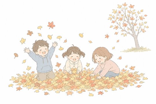 落ち葉の山の中で無邪気に遊ぶ楽しそうな子どもたちのイラスト