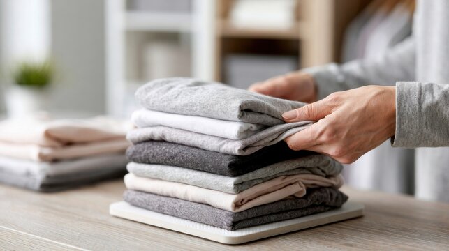 A neat stack of folded clothing is being organized, with hands carefully arranging the fabric. The scene emphasizes tidiness and domestic care.