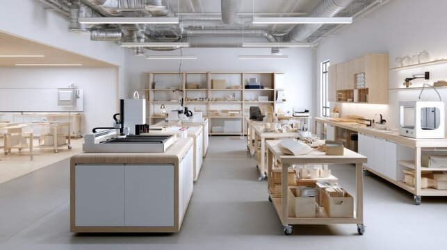 A modern, well-equipped workshop with tools and technology ready for creative projects. The space is bright and organized, suggesting innovation and hands-on learning