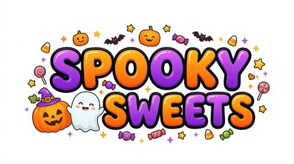 Fototapeta premium Halloween spooky sweets with pumpkin ghost bats, candy corn