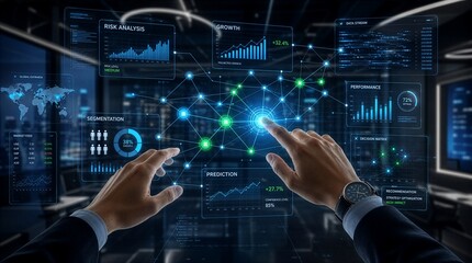 Fototapeta premium Hands touching glowing digital business analytics dashboard