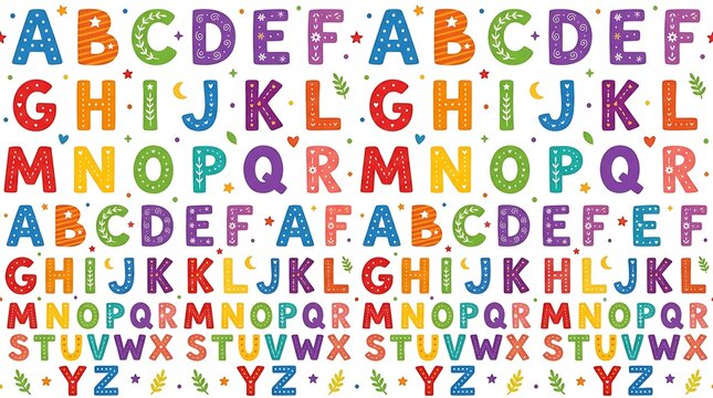Playful colorful alphabet pattern with decorative folk elements