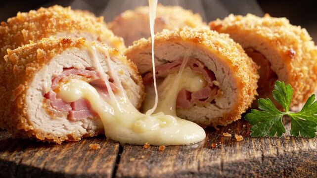 Close up of sliced chicken cordon bleu with melted swiss cheese and ham oozing out on a rustic wooden table with rising steam