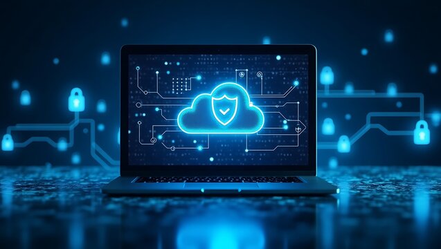 Digital cloud security interface on laptop screen with glowing circuit pattern