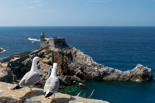Beautiful scenic landscape of Gothic St. Peter's Church in Portovenere. Travel background