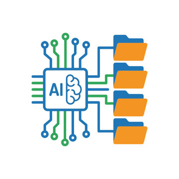 Blue and dark blue AI processing emblem showing database with chip and stacked files for data flow web design and computing presentation.