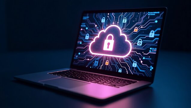 Digital cloud security network on laptop screen illustration