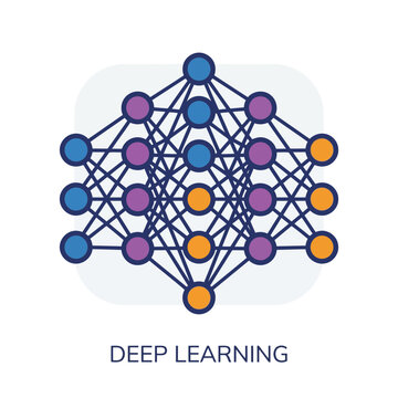 Blue and purple deep learning emblem depicting layered neural nodes with color gradients for AI training web design and research presentation.