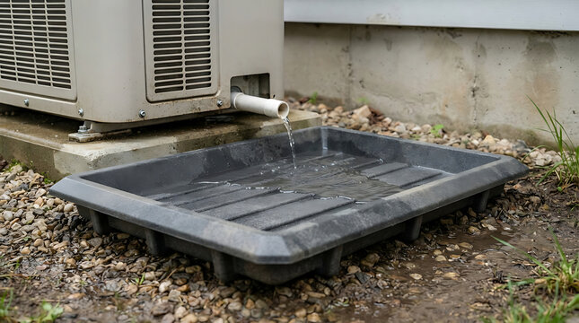 Air conditioning condenser unit draining water into a black plastic tray on gravel ground surface