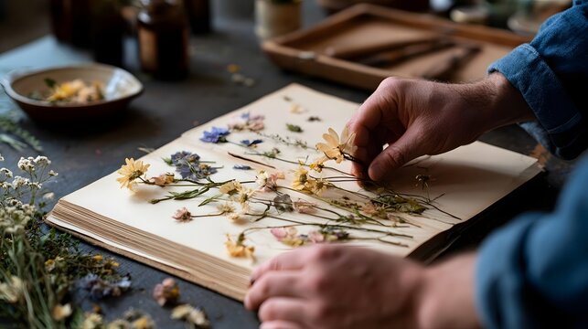 A person carefully arranging dried flowers onto an open book page for preservation and ic display