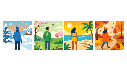Fototapeta premium People experience the changing seasons through a series of illustrated landscape vignettes.