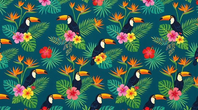 Seamless tropical pattern with toucans and exotic hibiscus flowers