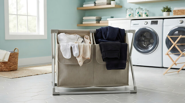 Laundry room with a beige two-compartment hamper filled with clothes and white washing machines