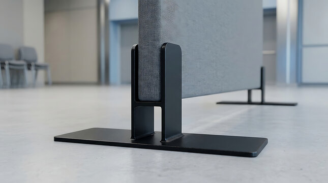 Low angle view of a grey fabric office partition screen with black metal base on a concrete floor