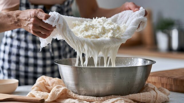 A person strains fresh cheese curds using cheesecloth over a metal bowl in a bright kitchen setting