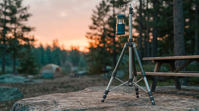 Portable led camping lantern hanging on a tripod stand on a wooden table in a forest at sunset
