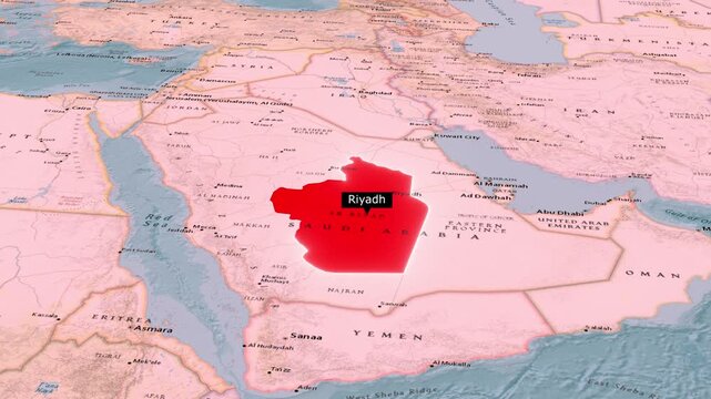 Riyadh Province Highlighted Red on Saudi Arabia Political Map Animation