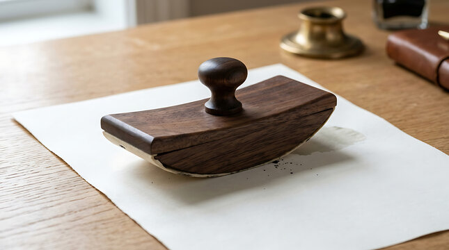 Vintage wooden ink blotter resting on a sheet of white paper on a polished oak wood desk surface