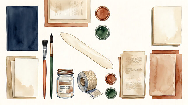 Watercolor of bookbinding tools and supplies including brushes glue and paper sheets