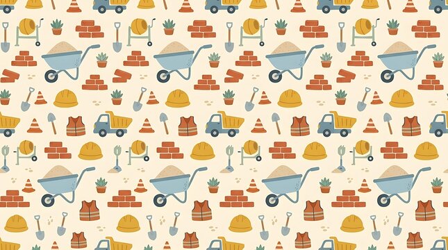 Seamless pattern with construction tools and heavy machinery icons