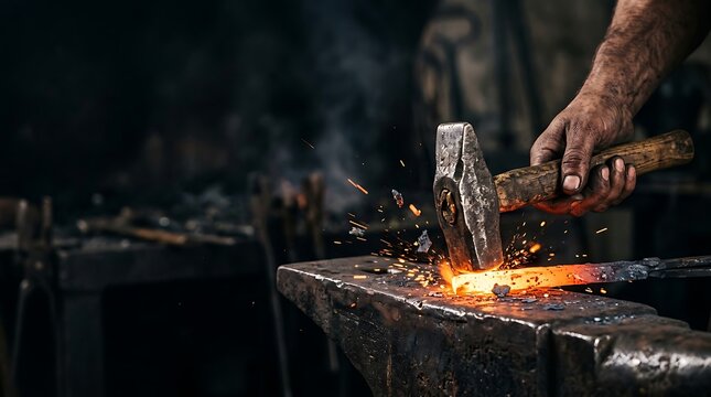 Blacksmith hitting glowing hot metal on an anvil with sparks flying
