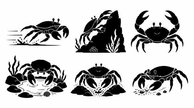 Set of six black crab silhouettes in various natural poses
