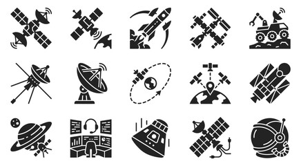 Space exploration icons satellites rovers spacecraft and astronautics glyphs © Azizul Hakim