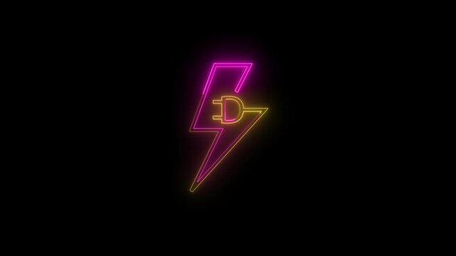 Neon pink and yellow lightning bolt icon with power plug symbol electric